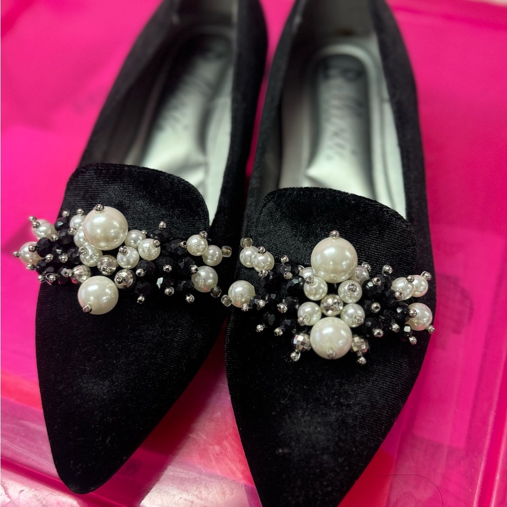 Bellini Black Velvet Flats with Pearl Accents